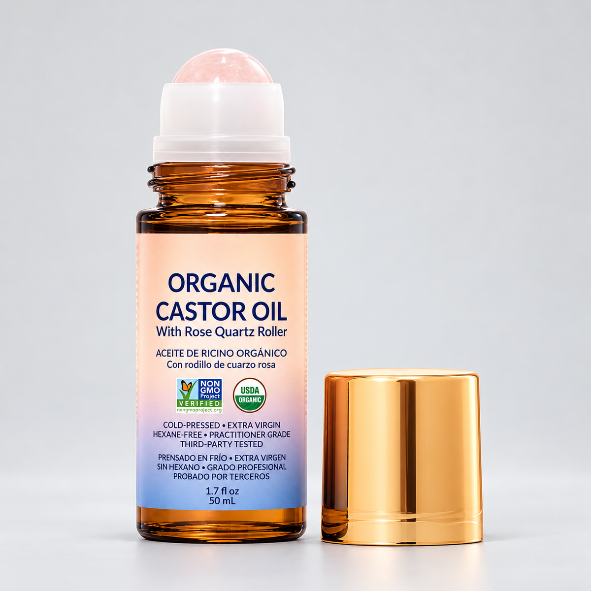 Organic Golden Castor Oil Roll-On with Rose Quartz Roller
