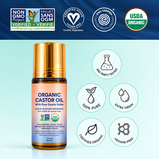 Organic Golden Castor Oil Roll-On with Rose Quartz Roller